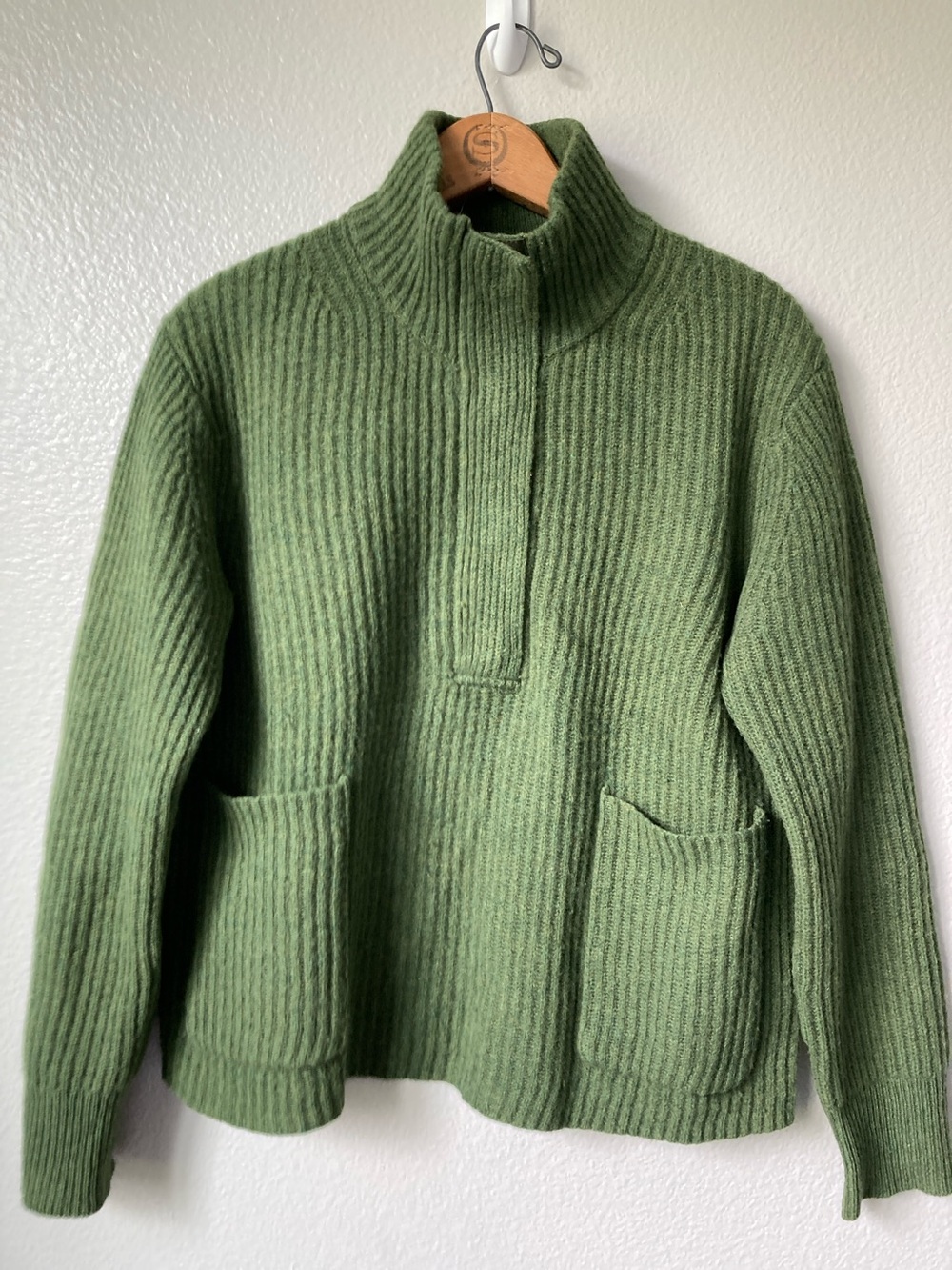 J.CREW Lambswool Ribbed Popover  Snap Mock neck Sweater Forest Green H4160